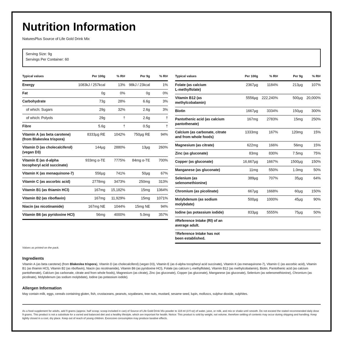 Nature's Plus Source of Life Gold Drink Mix — nutrition information panel, generated from the pack
