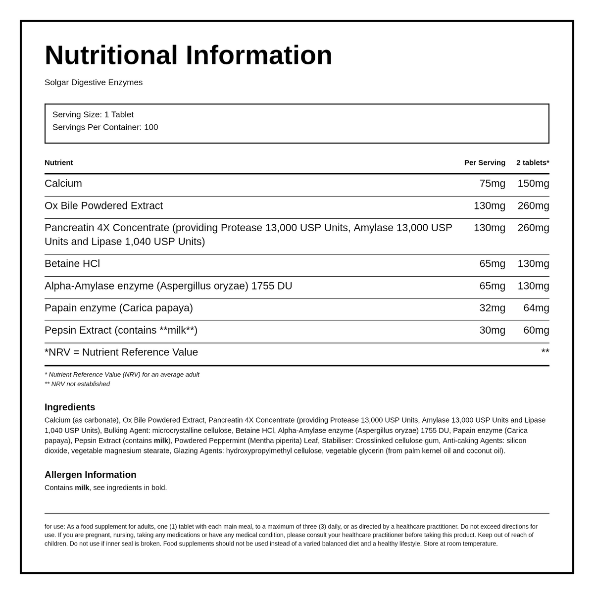 Solgar Digestive Enzymes — nutrition information panel, generated from the pack