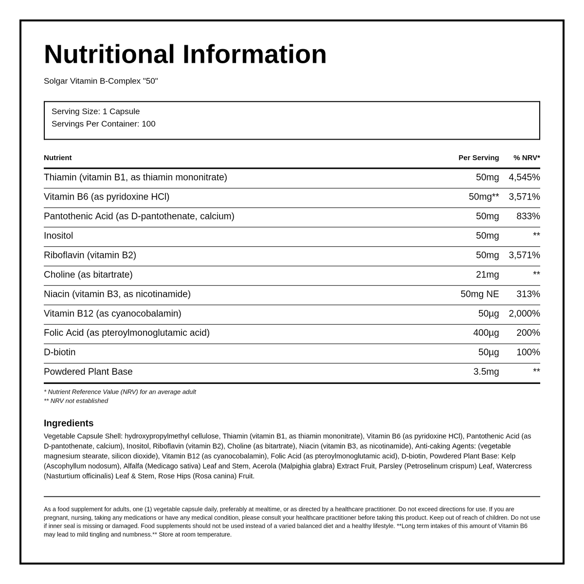 Solgar Formula Vitamin B-Complex 50 — nutrition information panel, generated from the pack