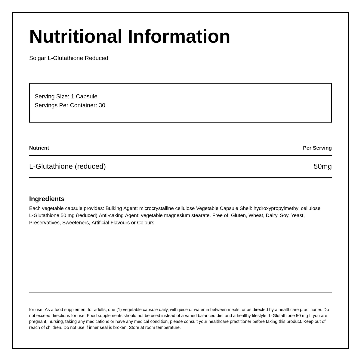 Solgar L-Glutathione Reduced 50 mg — nutrition information panel, generated from the pack