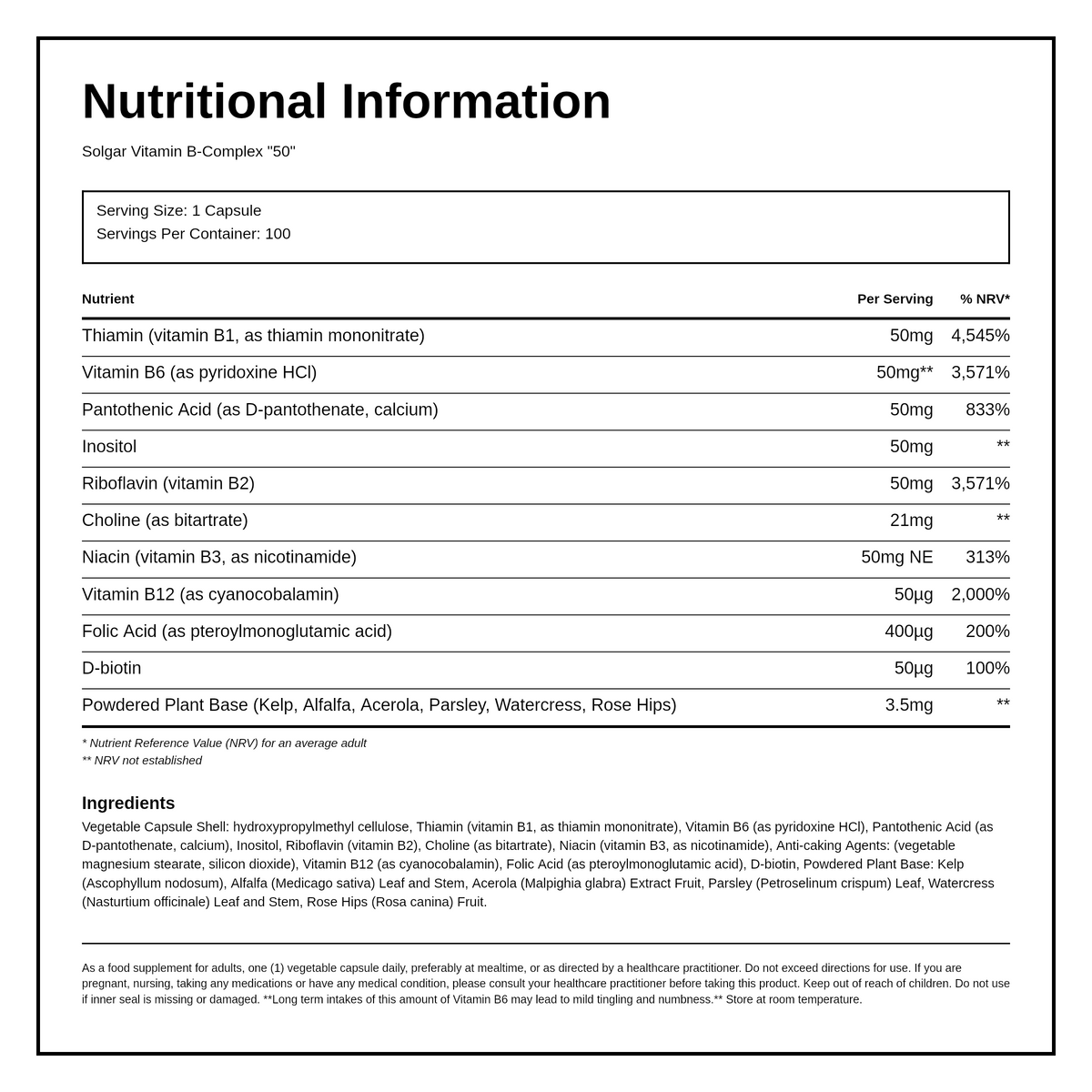 Solgar Formula Vitamin B-Complex 50 — nutrition information panel, generated from the pack