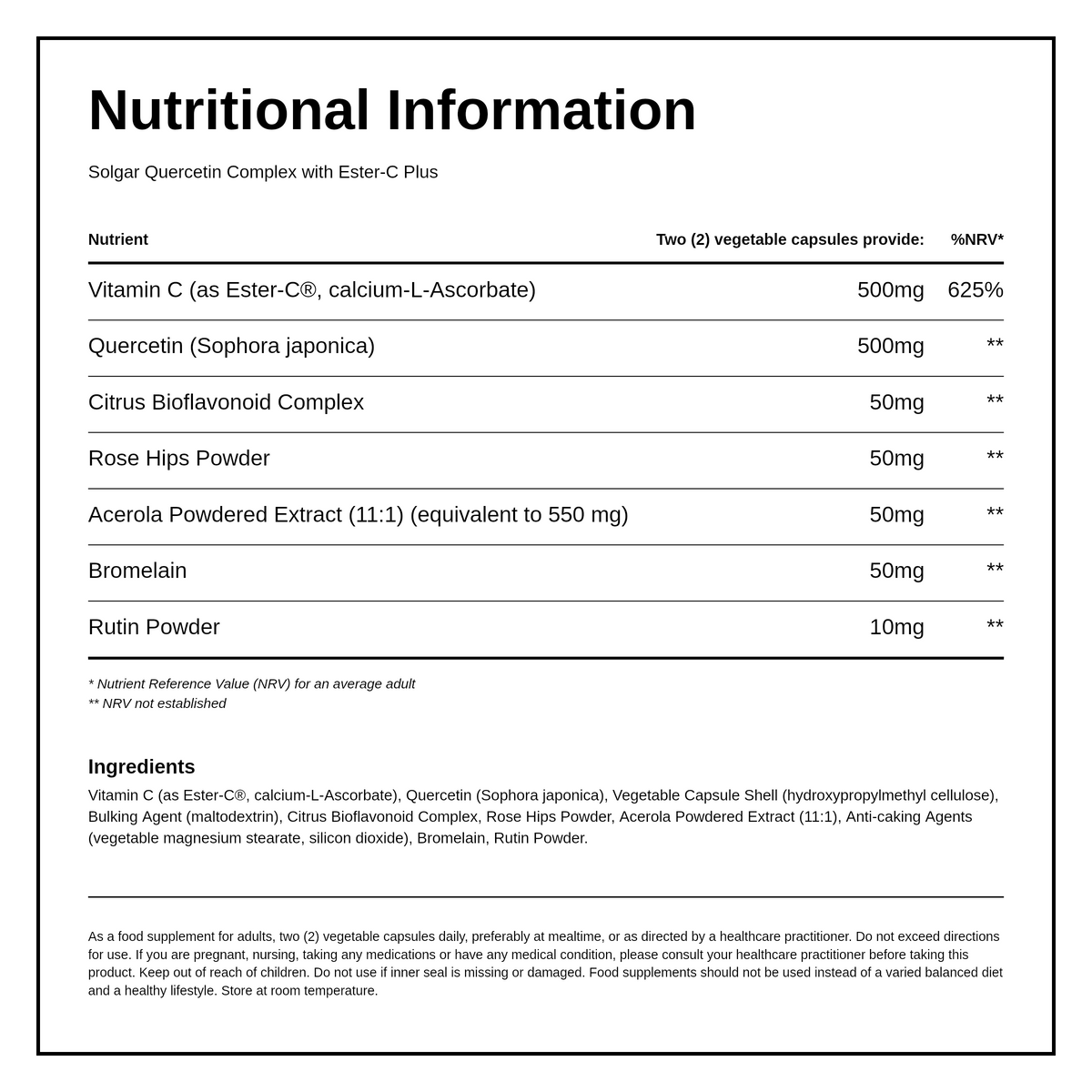 Solgar Quercetin Complex with Ester-C Plus — nutrition information panel, generated from the pack