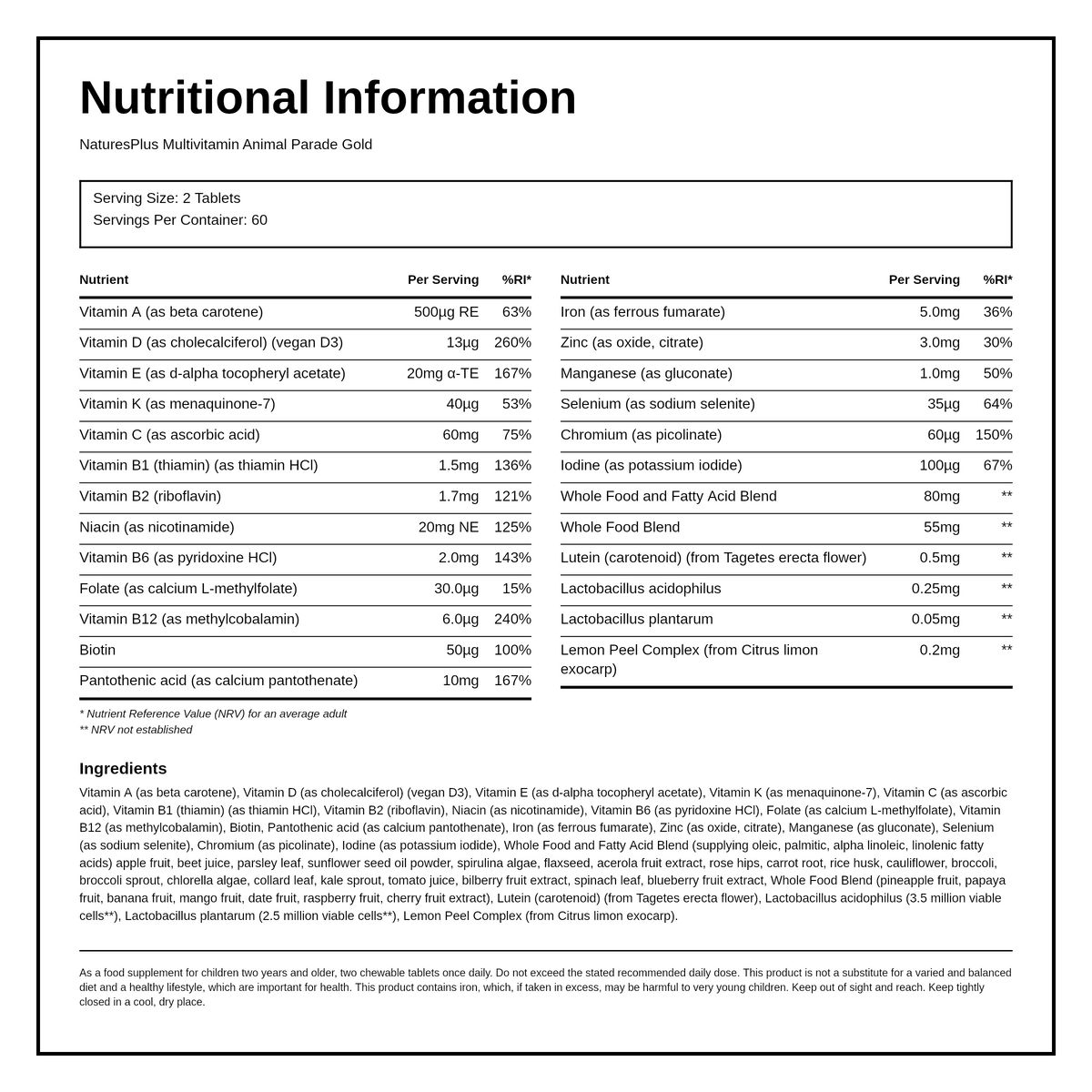 Nature's Plus Animal Parade GOLD Assorted Chew 120 — nutrition information panel, generated from the pack