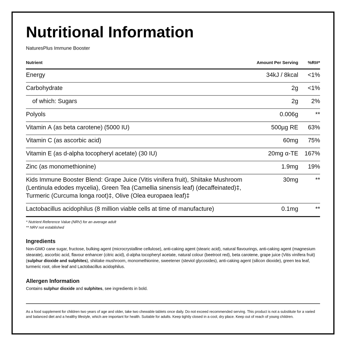 Natures Plus Animal Parade Kids Immune Booster — nutrition information panel, generated from the pack