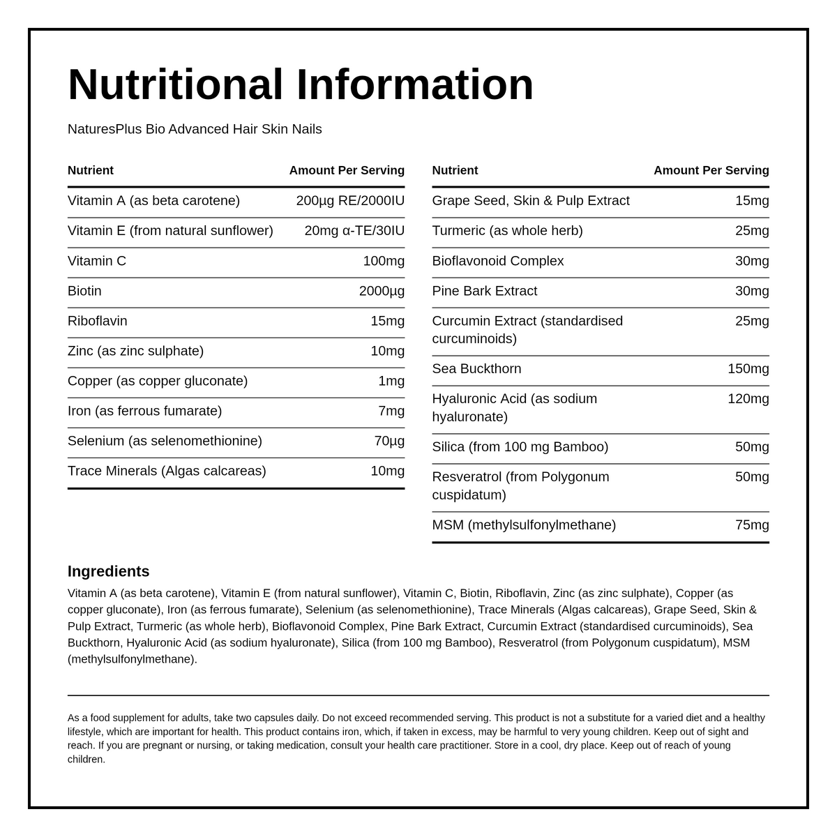 Natures Plus Bio Advanced Hair, Skin & Nails — nutrition information panel, generated from the pack