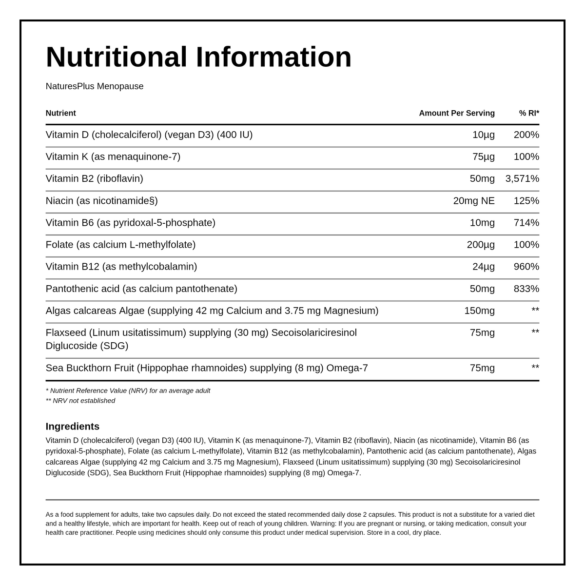 Nature's Plus BioAdvanced Menopause Support — nutrition information panel, generated from the pack