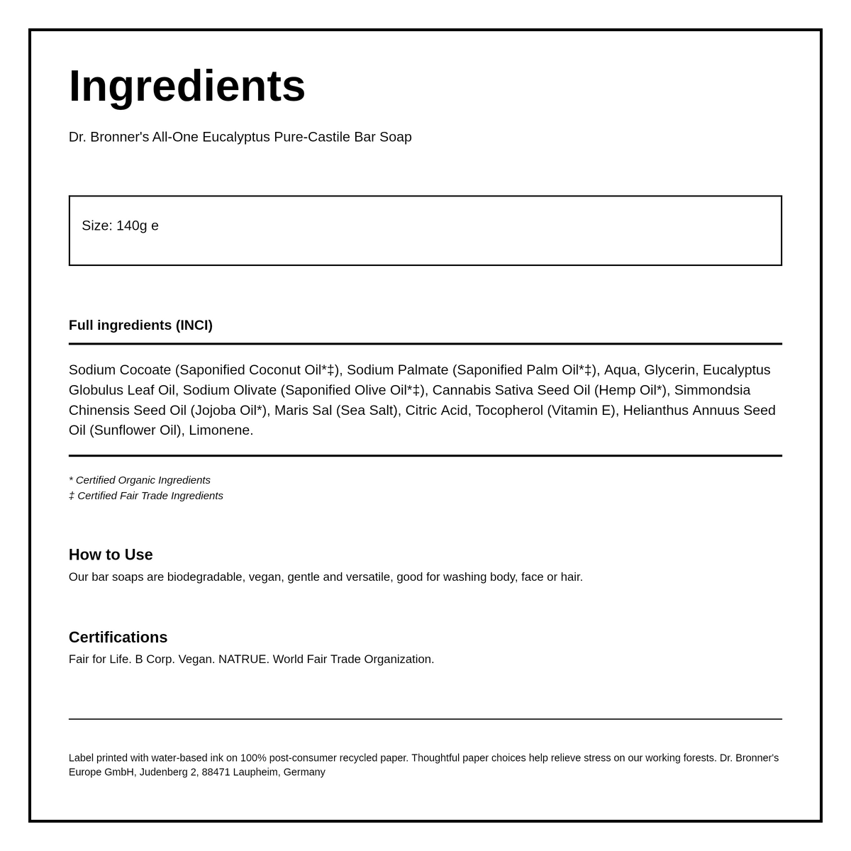 Dr. Bronner's Eucalyptus Pure-Castile Bar Soap — ingredients (INCI) panel, generated from the pack