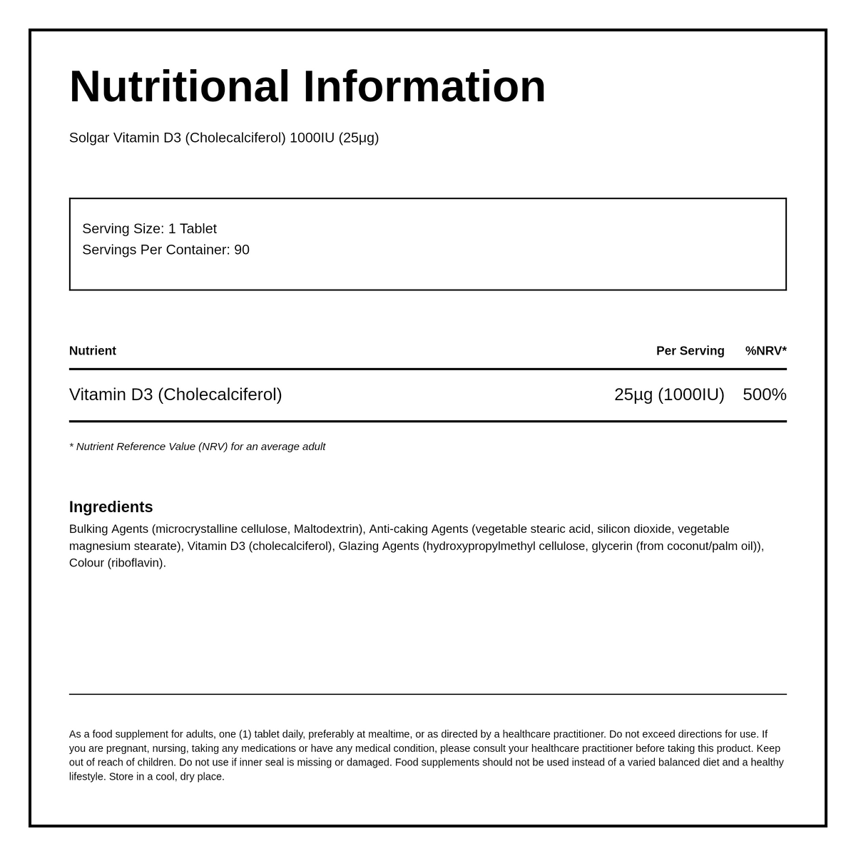 Solgar Vitamin D3 (Cholecalciferol) 1000 IU — nutrition information panel, generated from the pack