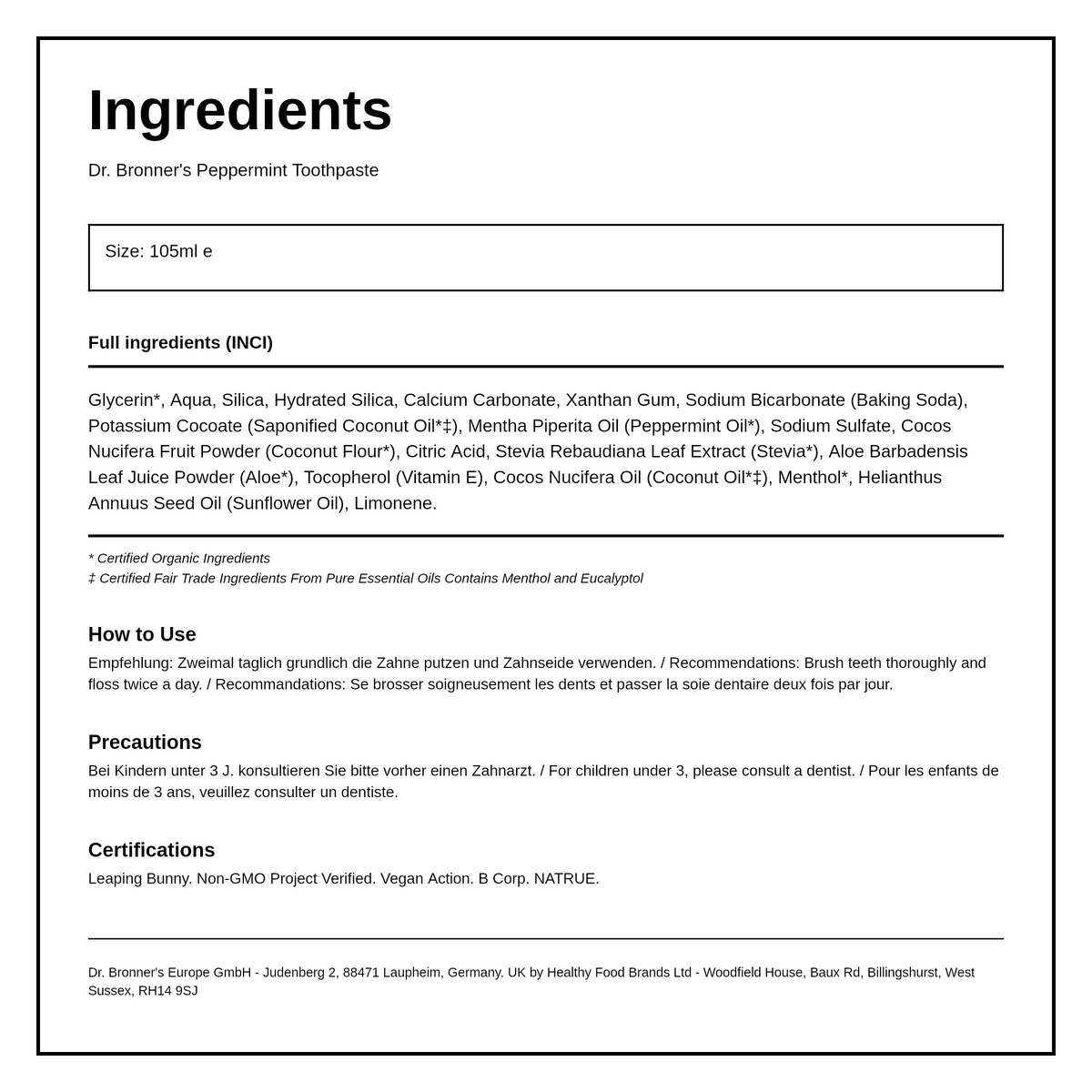 Dr. Bronner's Peppermint Toothpaste — ingredients (INCI) panel, generated from the pack