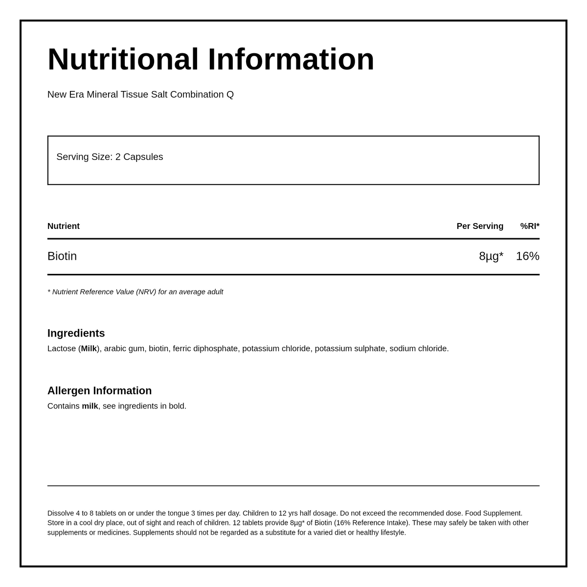 New Era Combination Q - Mucous membrane health. 240 tablets — nutrition information panel, generated from the pack