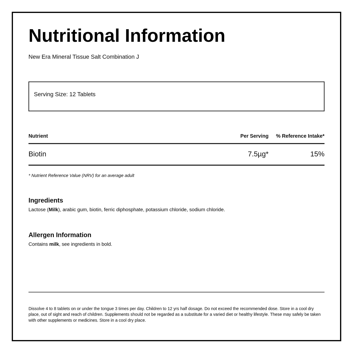 New Era Combination J - Nose, Throat & Chest. 240 tablets — nutrition information panel, generated from the pack