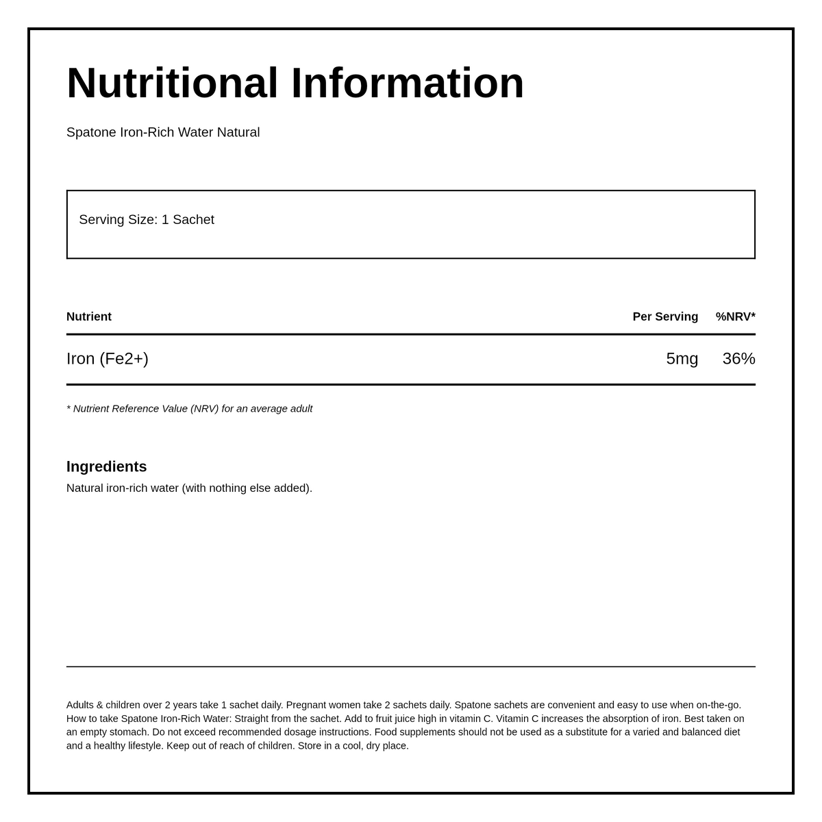 Spatone 100% Natural Liquid Iron Supplement - 28 Sachets — nutrition information panel, generated from the pack