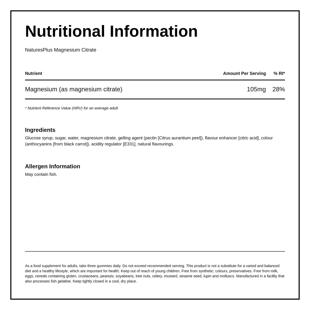 Natures Plus NP Magnesium Citrate Gummies — nutrition information panel, generated from the pack