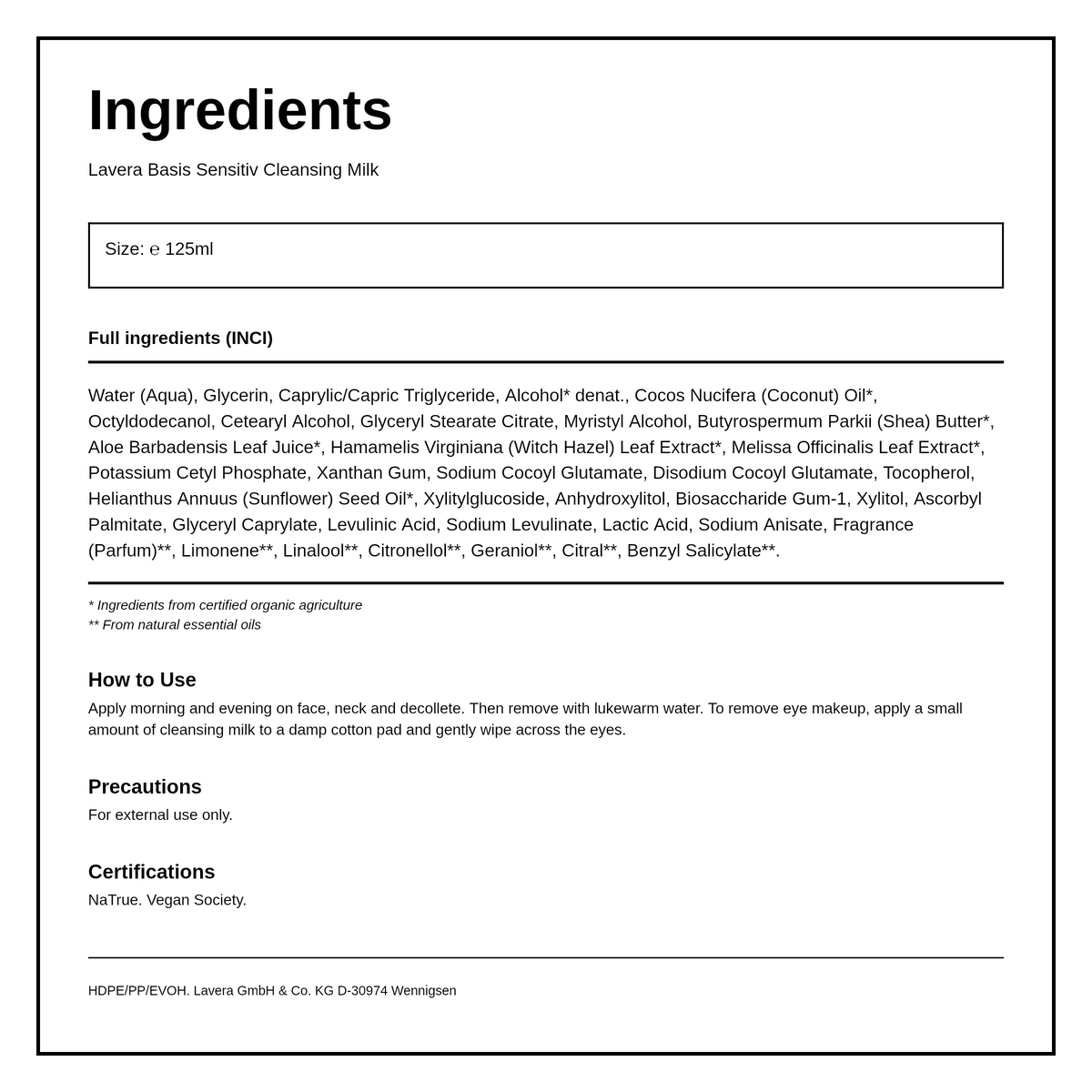 Basis Sensitiv Cleansing Milk — ingredients (INCI) panel, generated from the pack