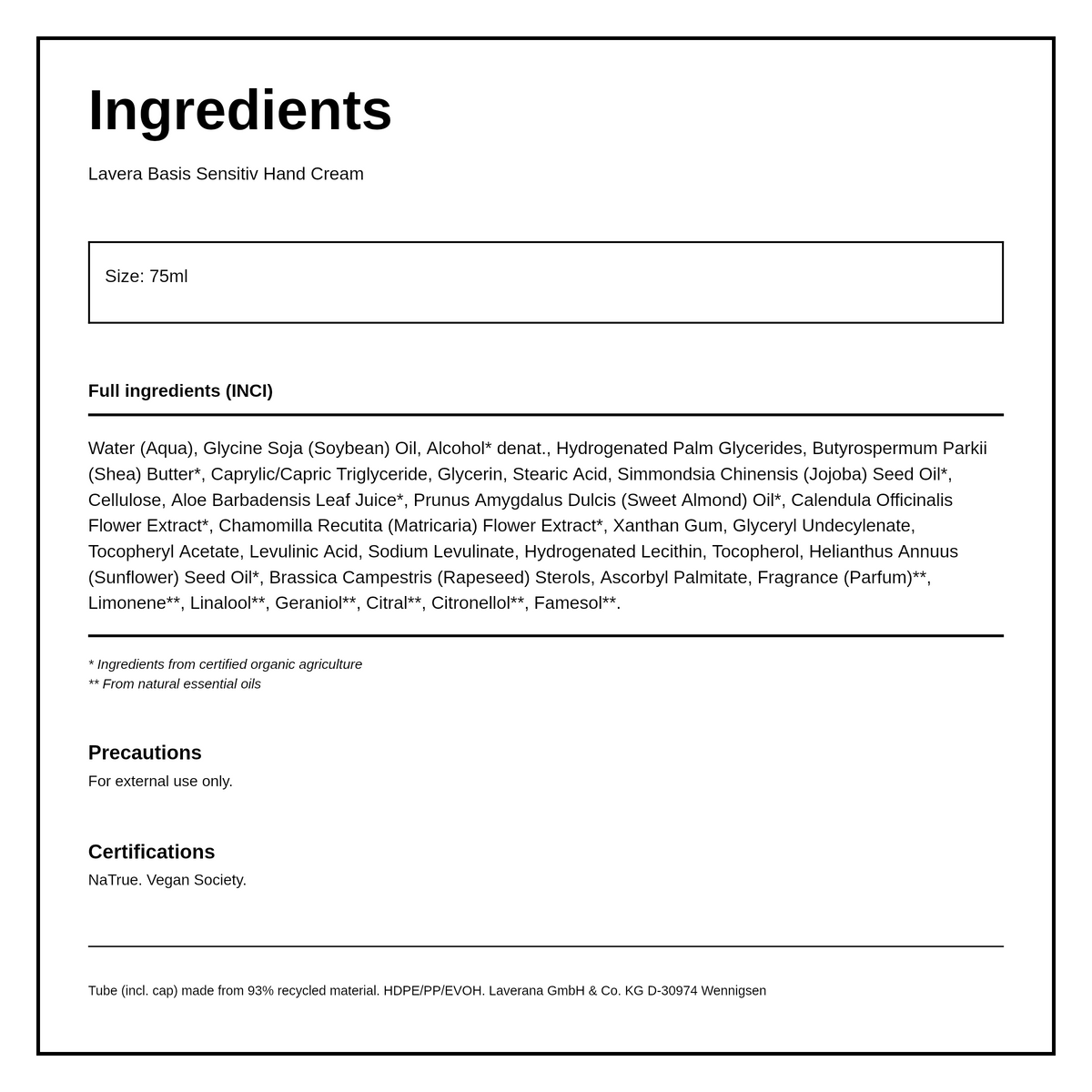 Lavera Basis Sensitiv Hand Cream — ingredients (INCI) panel, generated from the pack