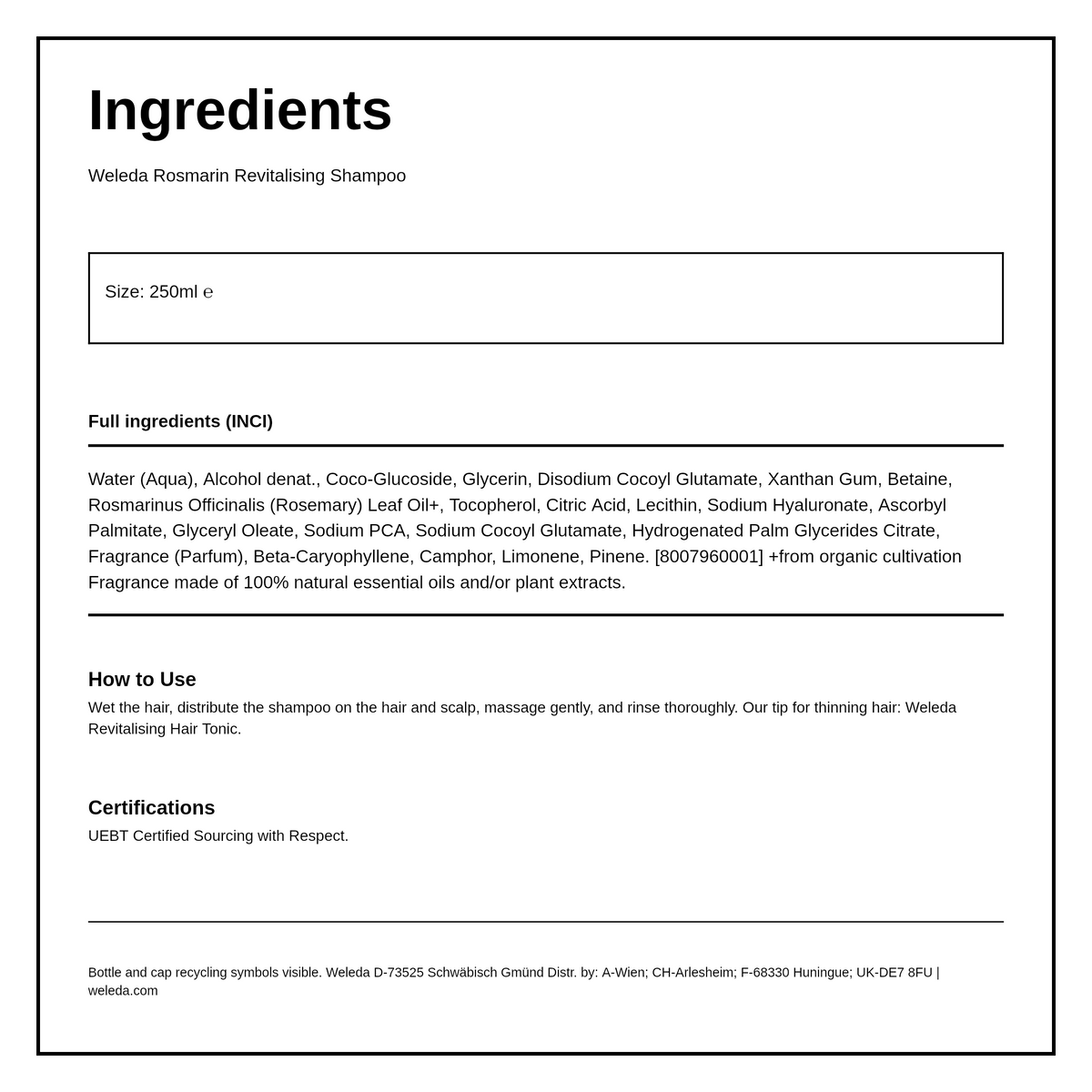 Weleda Revitalising Rosemary Shampoo — ingredients (INCI) panel, generated from the pack