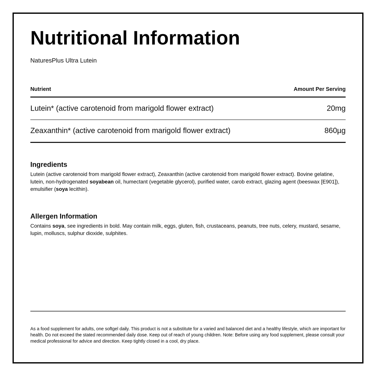 Nature's Plus Ultra Lutein 20 MG Softgels — nutrition information panel, generated from the pack