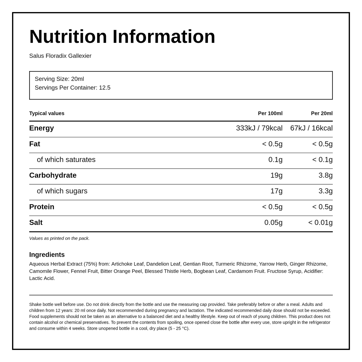 Floradix Gallexier artichoke food supplement ml — nutrition information panel, generated from the pack