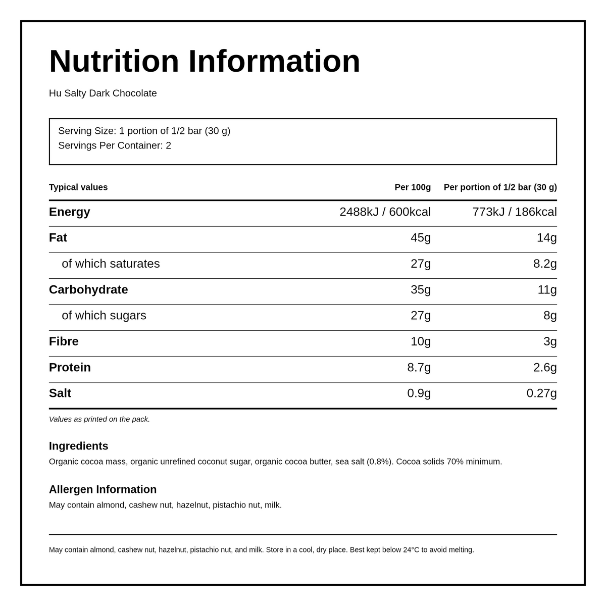 Hu Salty Dark Chocolate Bar — nutrition information panel, generated from the pack