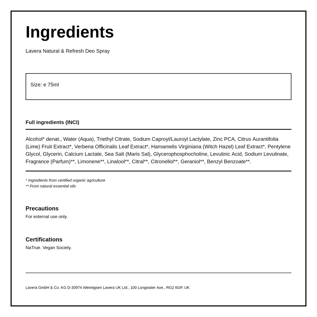 Lavera Natural & Refresh Deodorant Spray — ingredients (INCI) panel, generated from the pack