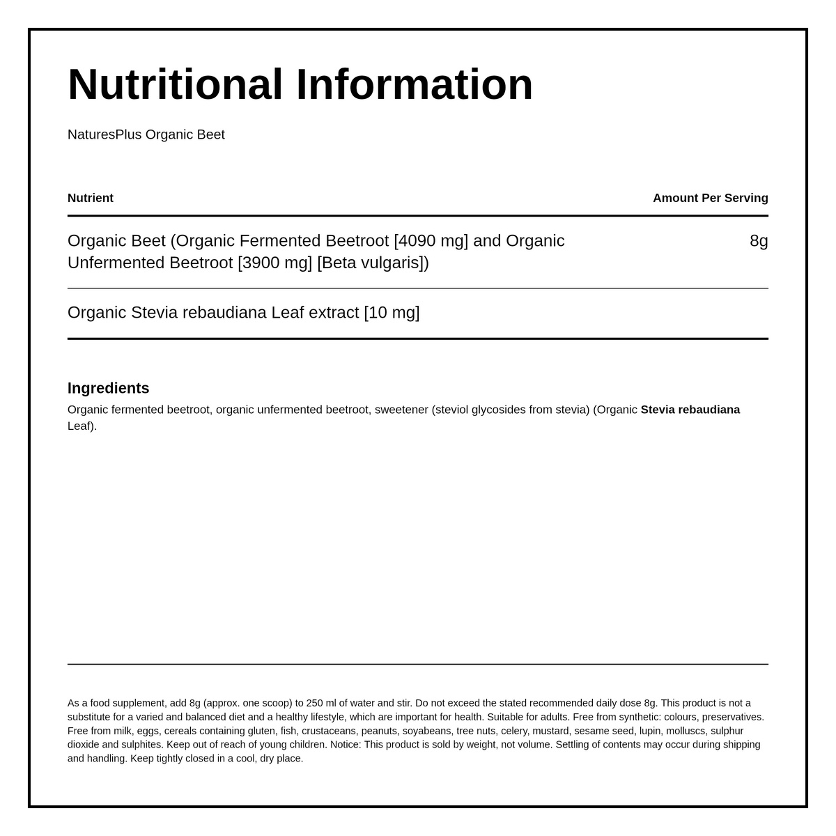 Nature's Plus Organic Beet Powder — nutrition information panel, generated from the pack