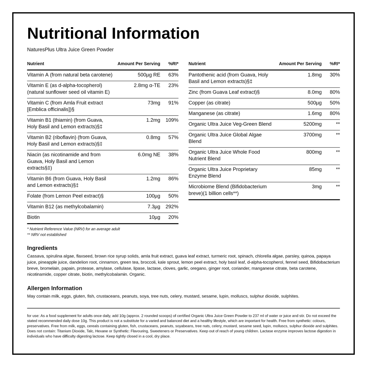 Nature's Plus Ultra Juice Organic Green Drink — nutrition information panel, generated from the pack