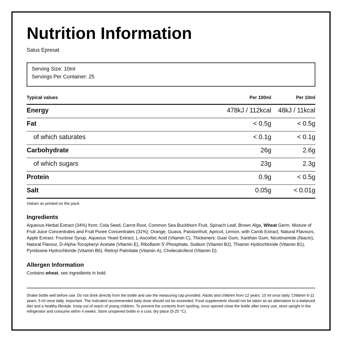 Floradix Epresat Liquid Multivitamin Formula — nutrition information panel, generated from the pack