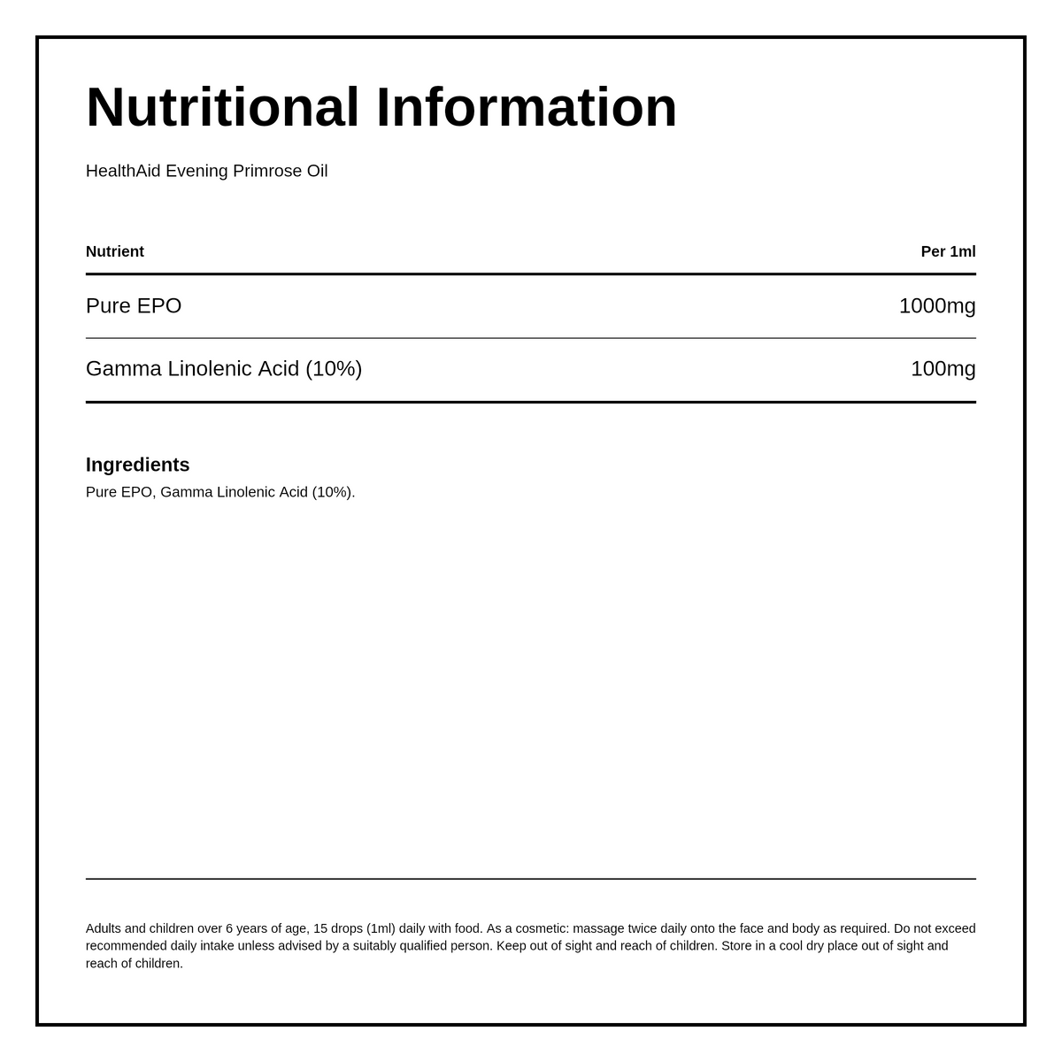 HealthAid Evening Primrose Oil (10% GLA) Oil — nutrition information panel, generated from the pack