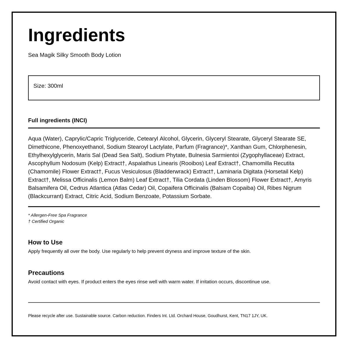Dead Sea Spa Magik Silky Smooth Body Lotion — ingredients (INCI) panel, generated from the pack