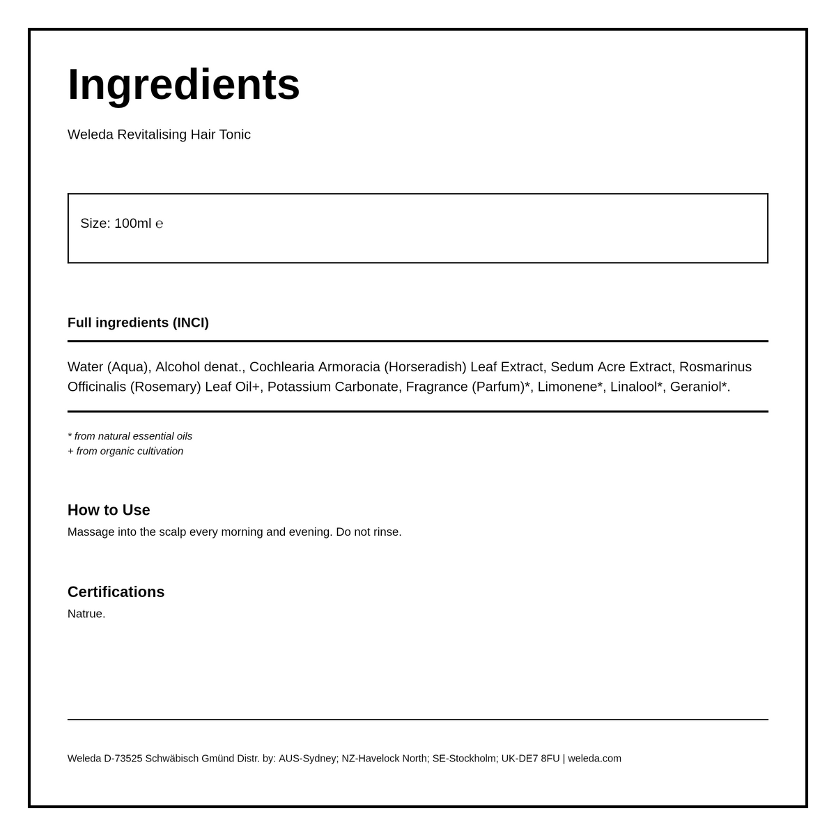 Weleda Revitalising Hair Tonic with Rosemary — ingredients (INCI) panel, generated from the pack