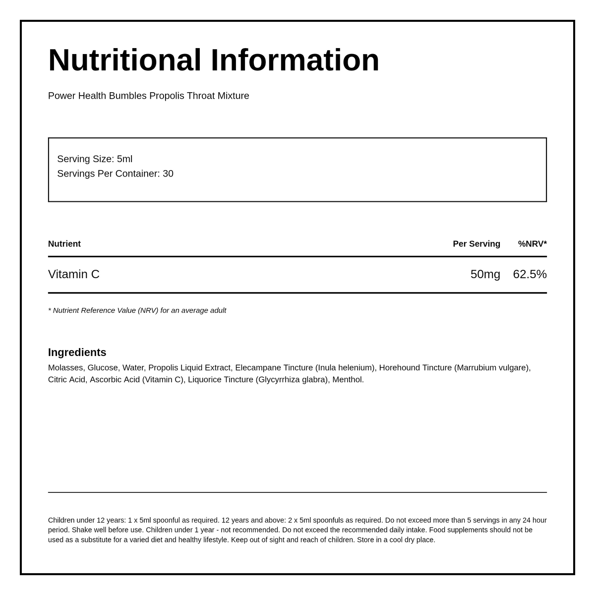 Power Health Bumbles Propolis Throat Mixture liquid — nutrition information panel, generated from the pack