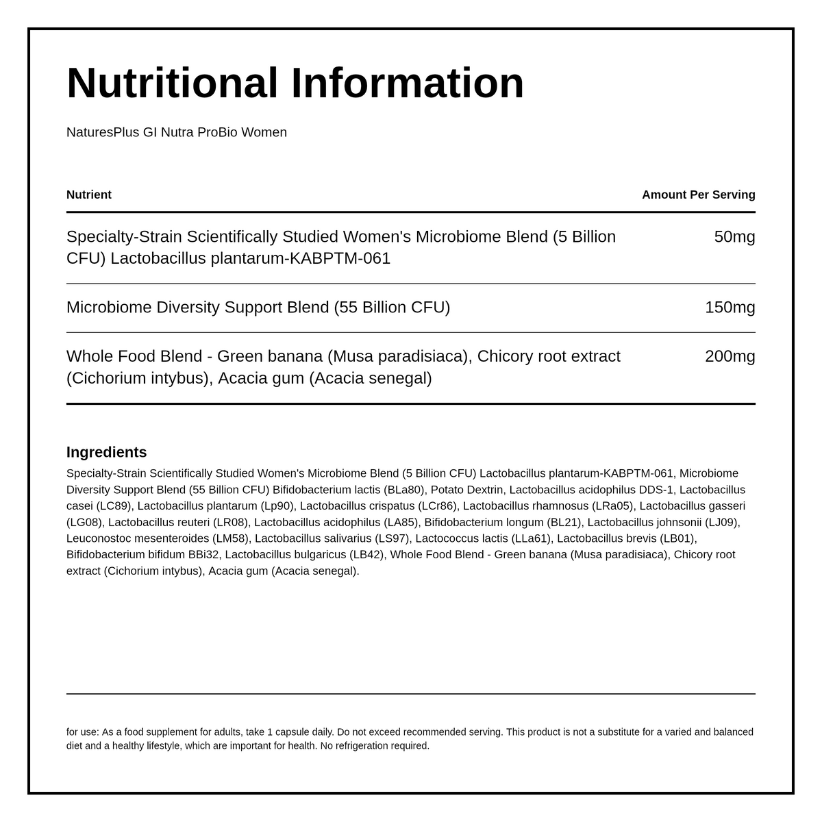 Natures Plus GI Nutra ProBio Women — nutrition information panel, generated from the pack