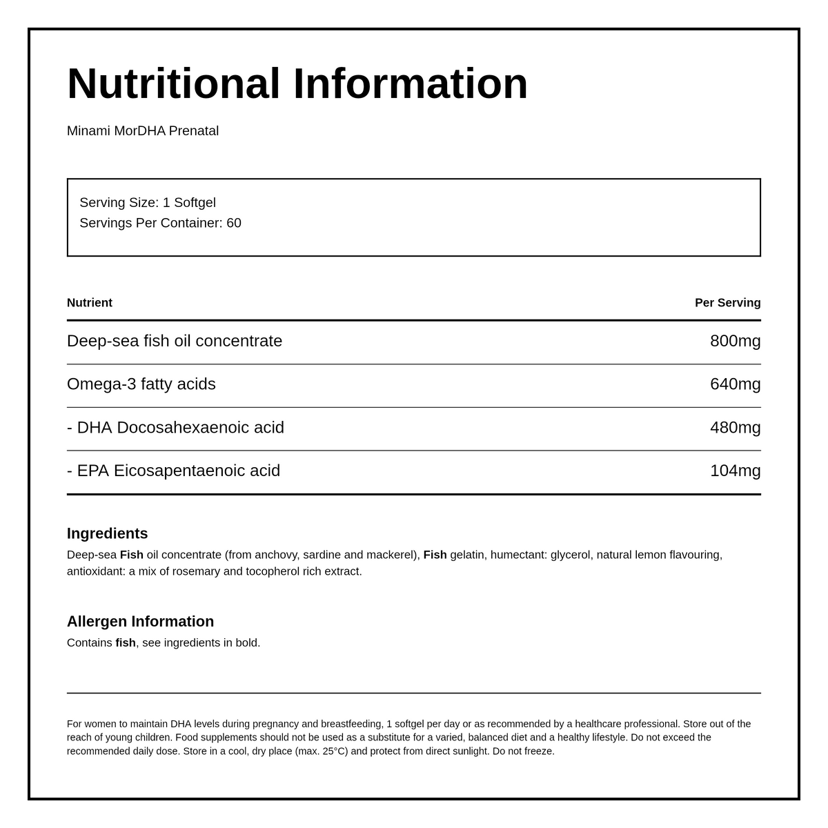 Minami Nutrition MorDHA Prenatal — nutrition information panel, generated from the pack