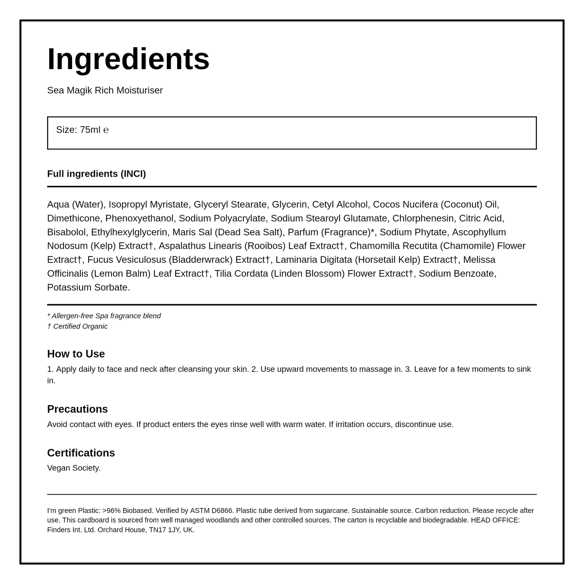 Dead Sea Spa Magik Rich Moisturiser — ingredients (INCI) panel, generated from the pack
