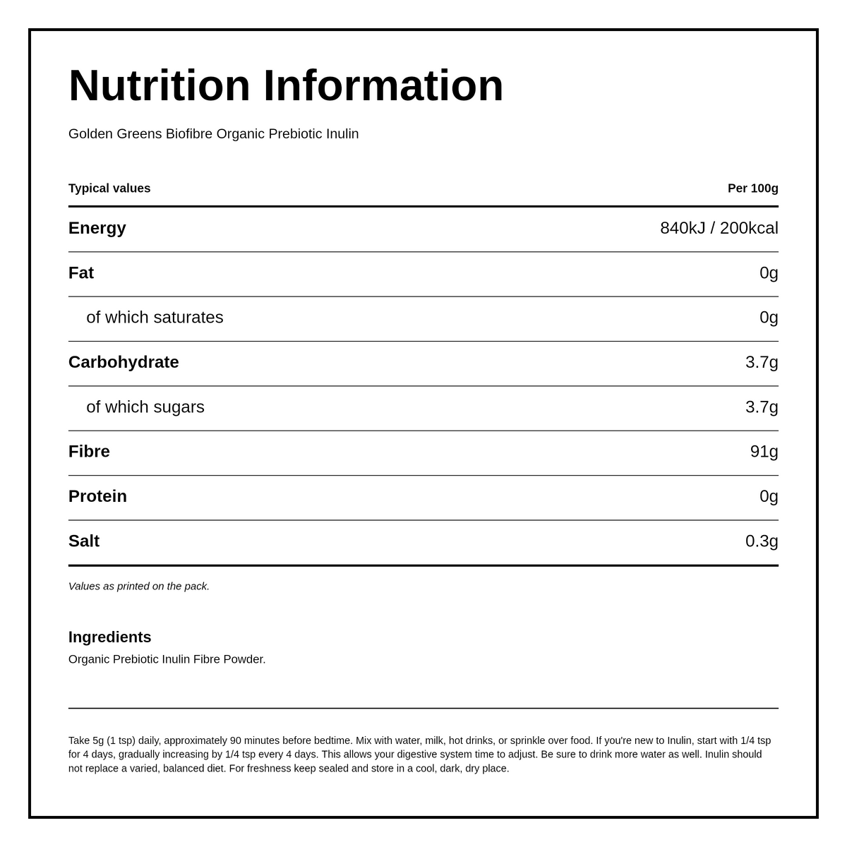 Greens Organic Inulin Powder — nutrition information panel, generated from the pack