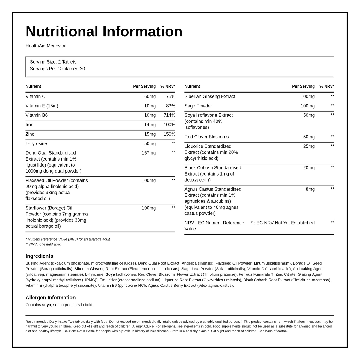 HealthAid Menovital - 60 Tablets — nutrition information panel, generated from the pack
