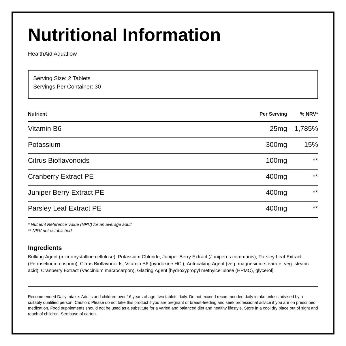 HealthAid Aquaflow - 60 Tablets — nutrition information panel, generated from the pack