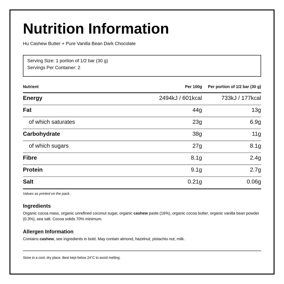 Hu Cashew Butter and Vanilla Dark Chocolate Bar — nutrition information panel, generated from the pack