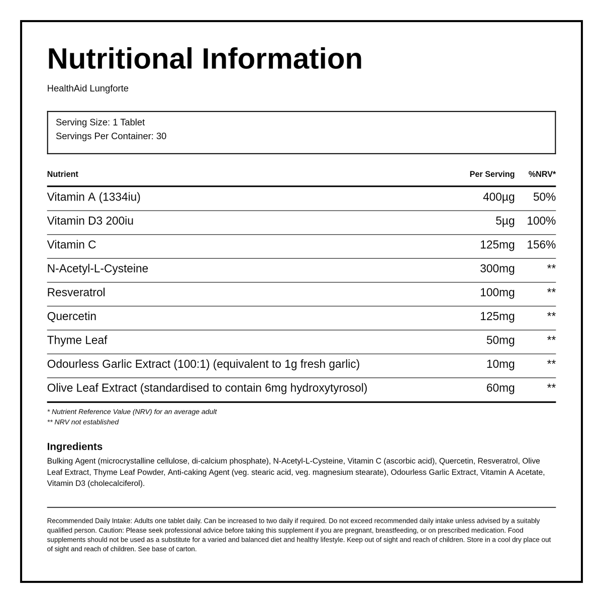 HealthAid LungForte - 30 Tablets — nutrition information panel, generated from the pack
