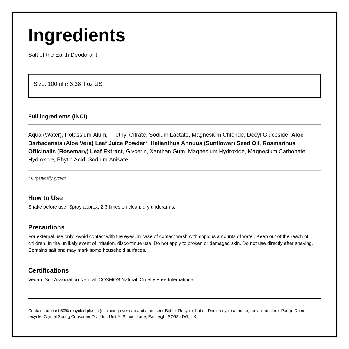 Salt Of the Earth Natural Spray Deodorant — ingredients (INCI) panel, generated from the pack