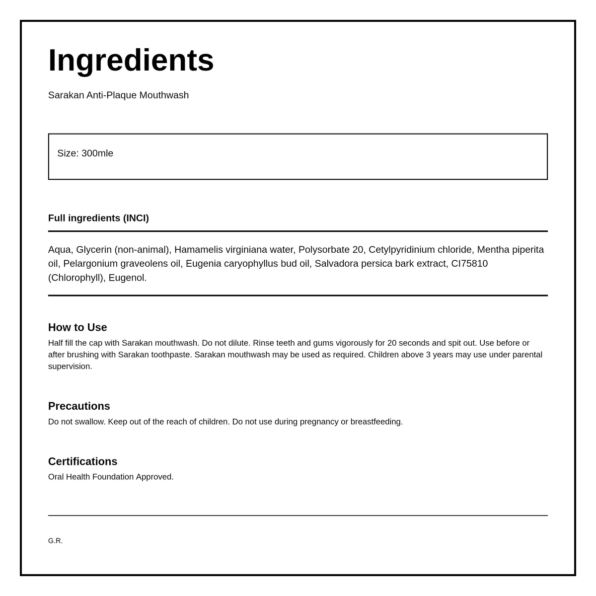 Sarakan Mouthrinse — ingredients (INCI) panel, generated from the pack