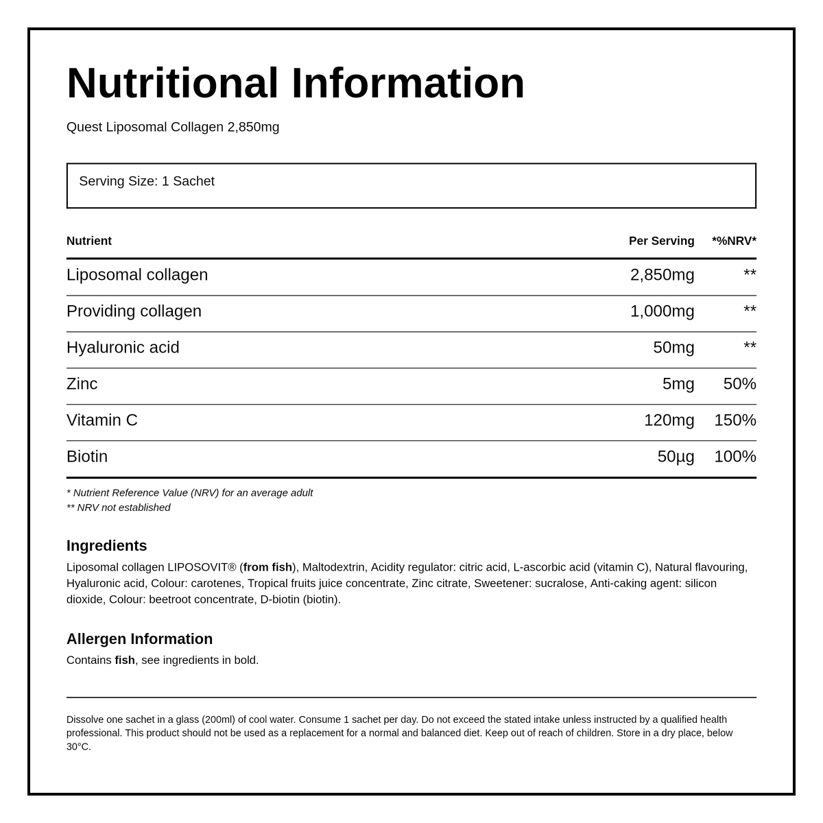 Quest Liposomal Collagen with Hyaloronic acid — nutrition information panel, generated from the pack