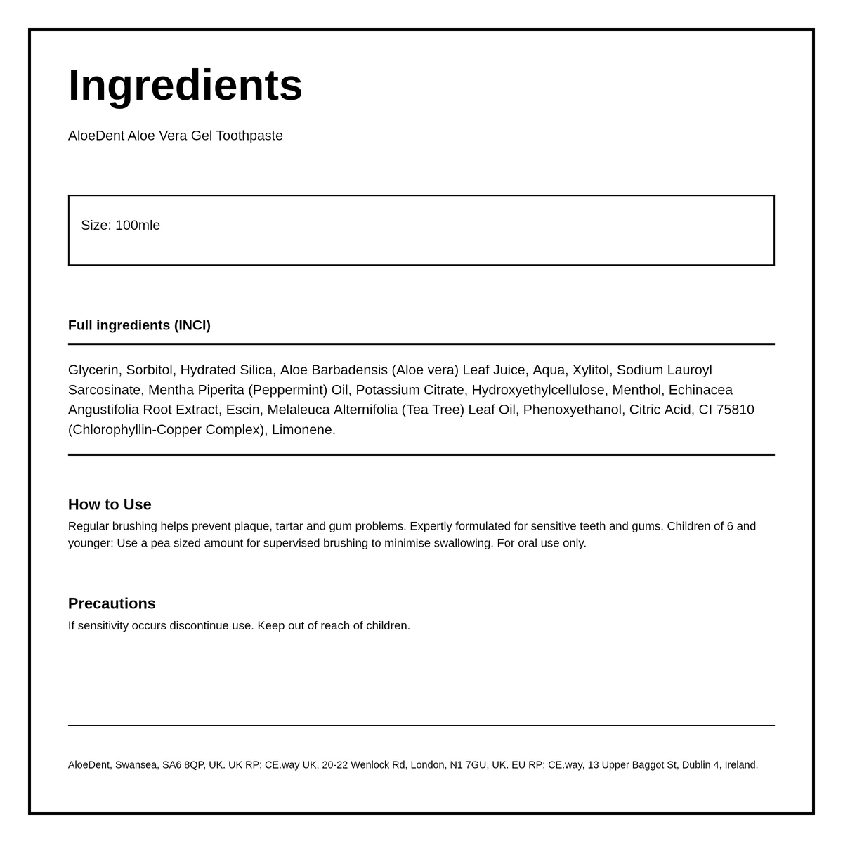 Aloe Dent Sensitive Aloe Vera Toothpaste + Echinacea Mint — ingredients (INCI) panel, generated from the pack
