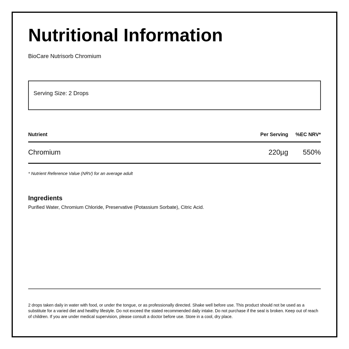 BioCare Nutrisorb Chromium — nutrition information panel, generated from the pack