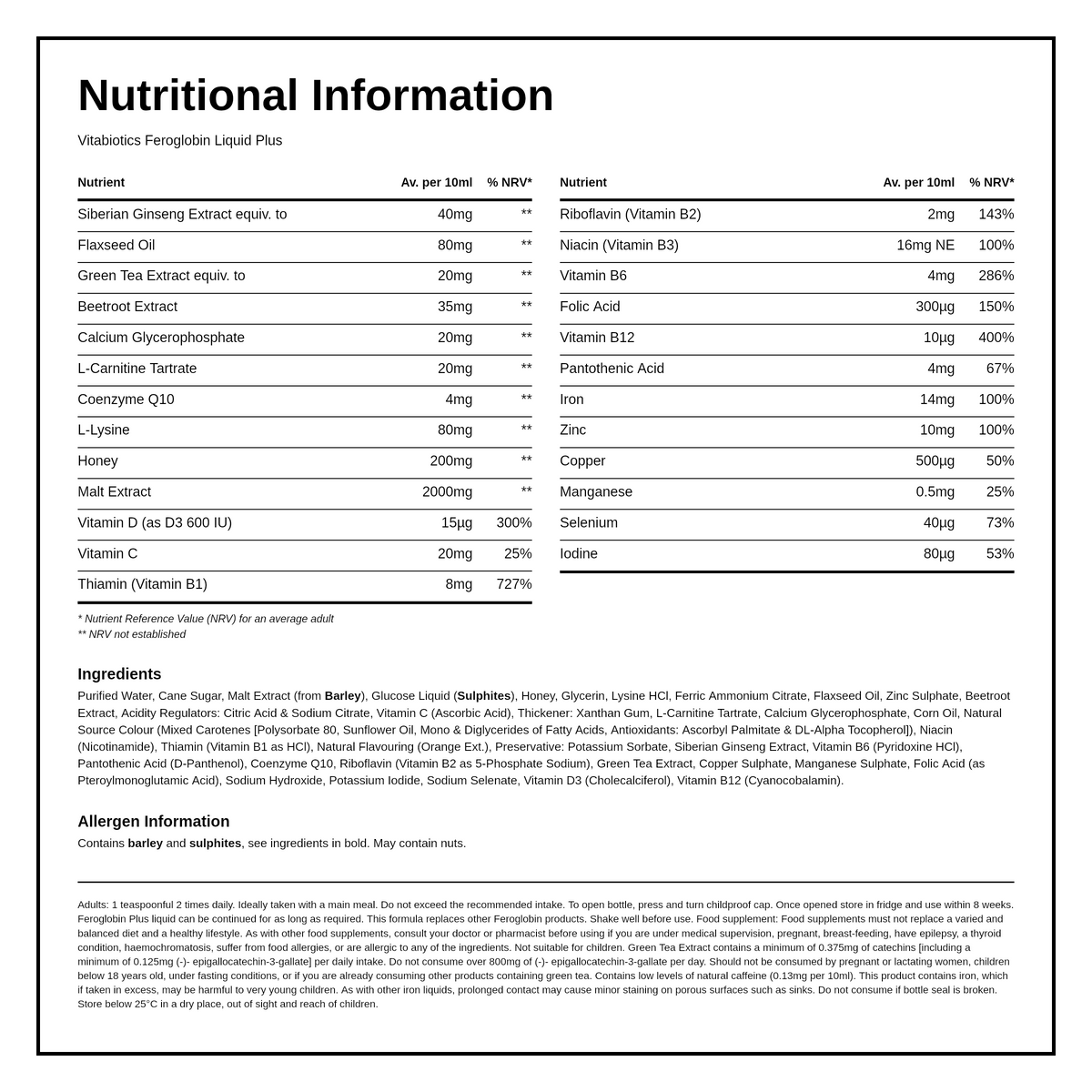 Vitabiotic Feroglobin Plus Liquid — nutrition information panel, generated from the pack