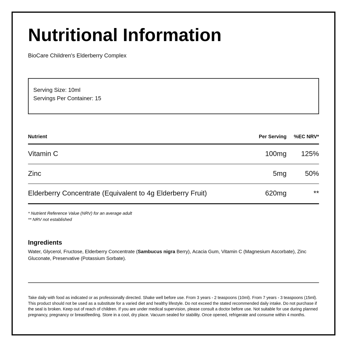 Biocare Children's Elderberry Complex — nutrition information panel, generated from the pack