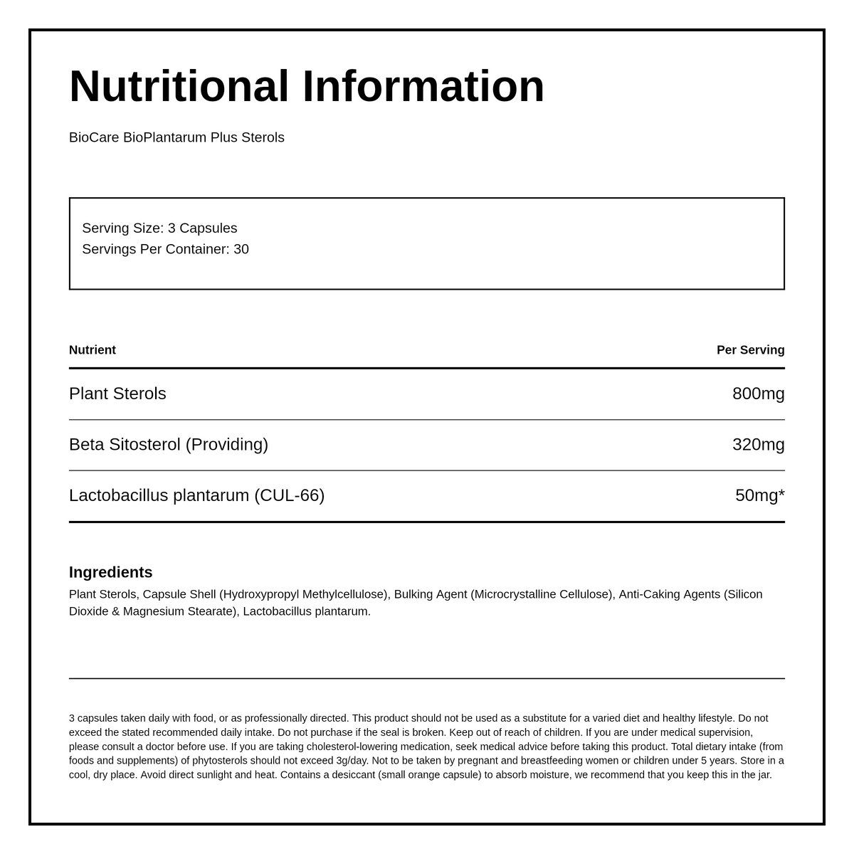 Biocare High Potency Plant Sterols with Lactobacillus plantarum — nutrition information panel, generated from the pack