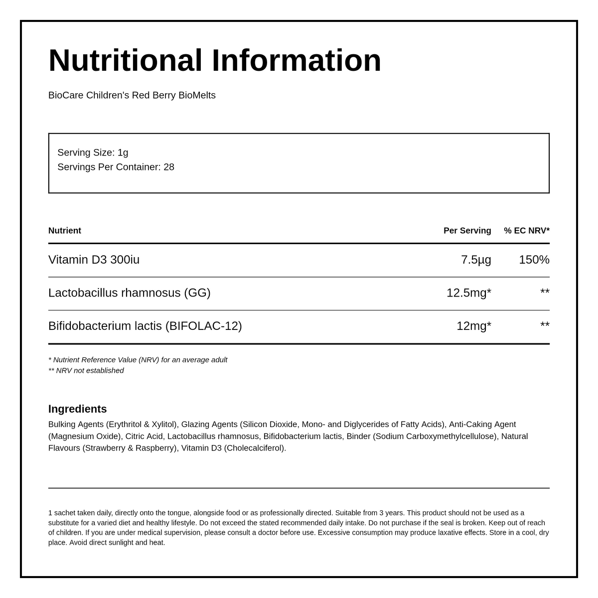 Biocare Children's Red Berry BioMelts - 28 Sachets — nutrition information panel, generated from the pack