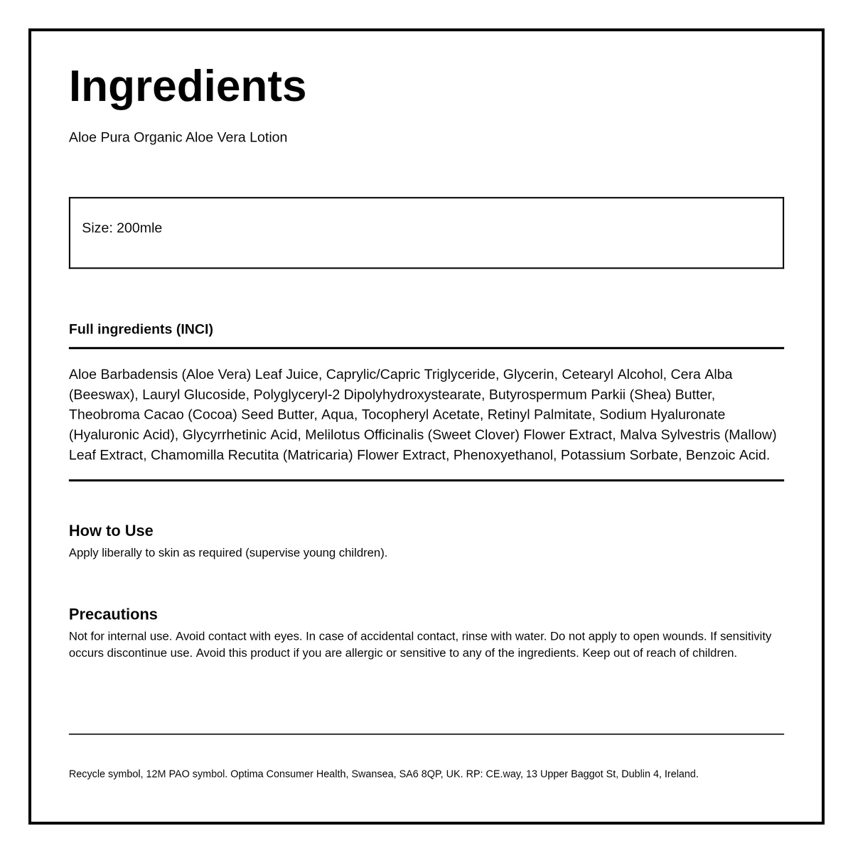Aloe Pura Aloe Vera Lotion — ingredients (INCI) panel, generated from the pack