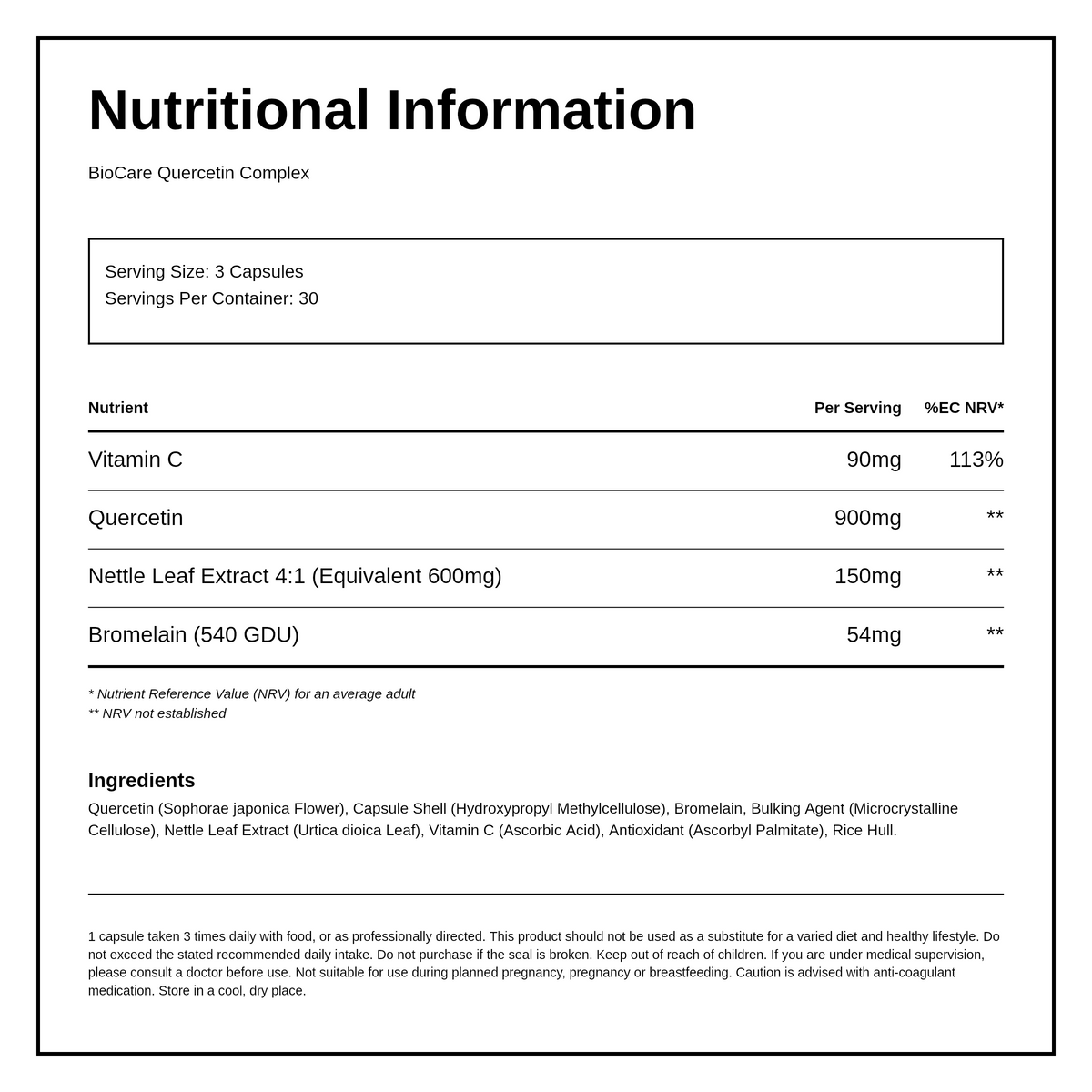 Biocare Quercetin Complex 90 Capsules — nutrition information panel, generated from the pack